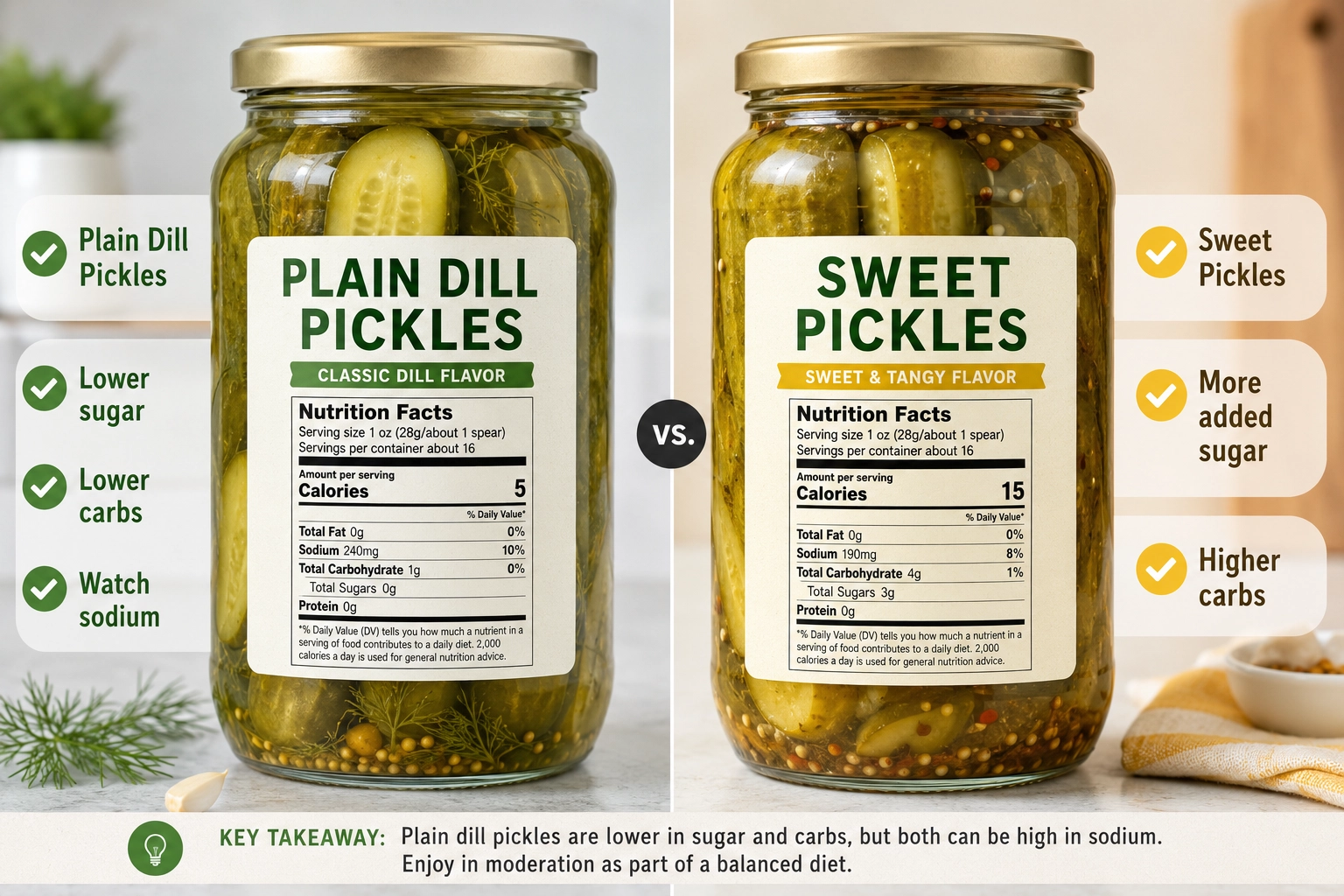 Plain dill pickles compared with sweet pickles to show label differences