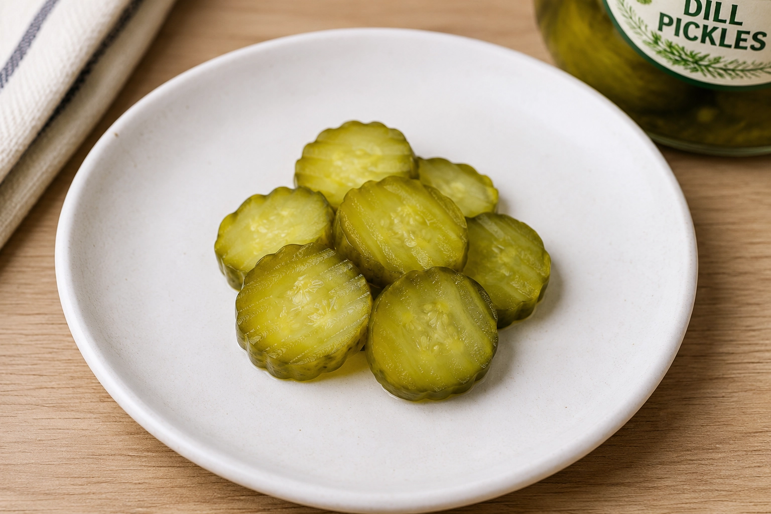 A small serving of dill pickle slices on a plate for portion awareness