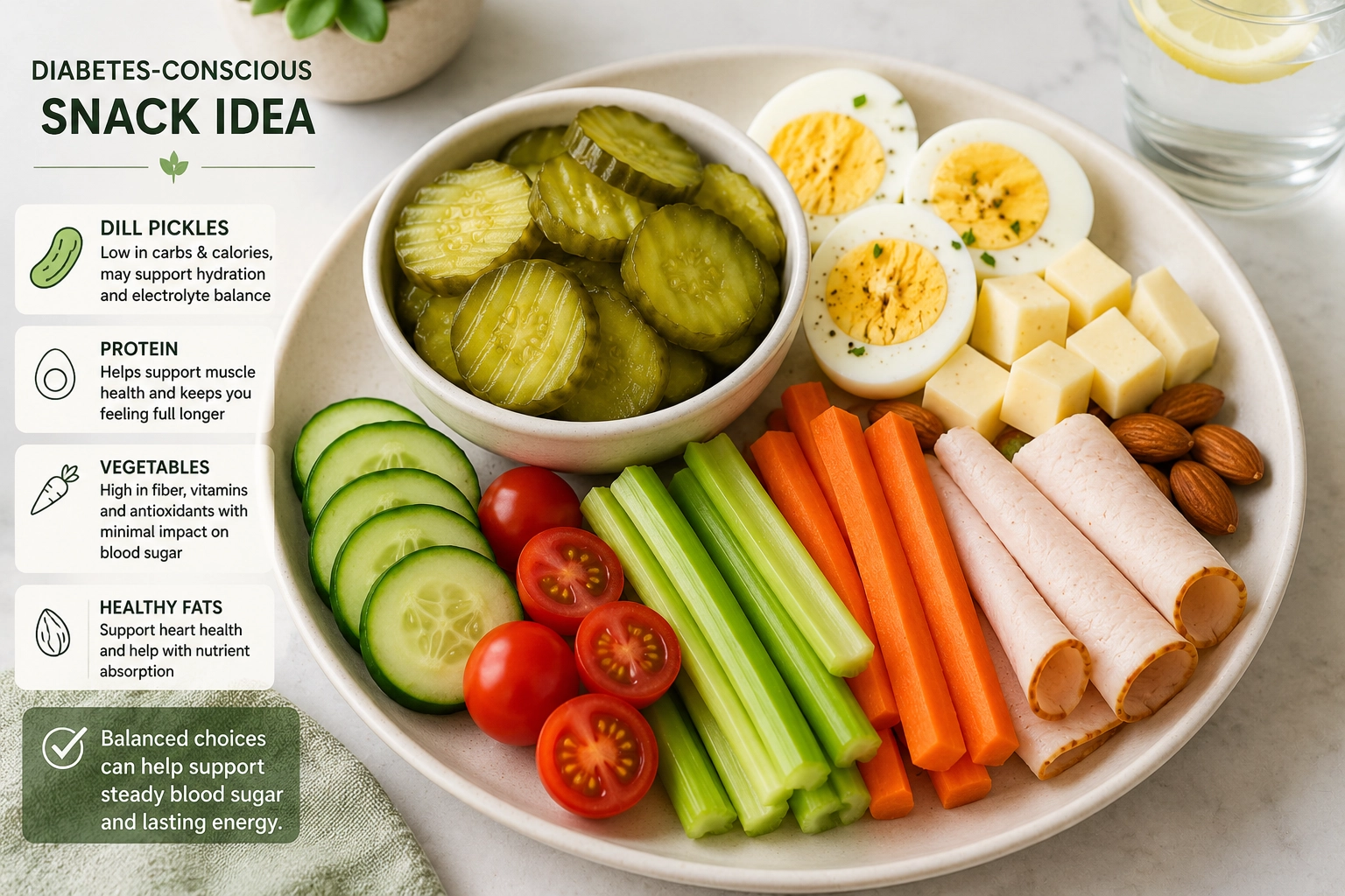 Balanced diabetes-conscious snack board with dill pickles, protein, and vegetables