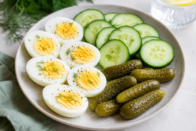 Dill pickles served with boiled eggs and cucumber slices as a low-carb snack idea