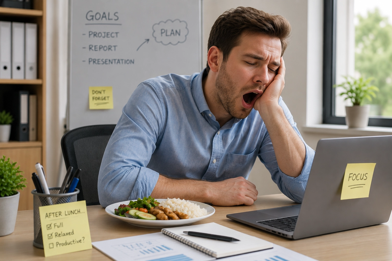 Person feeling sleepy at work after eating lunch