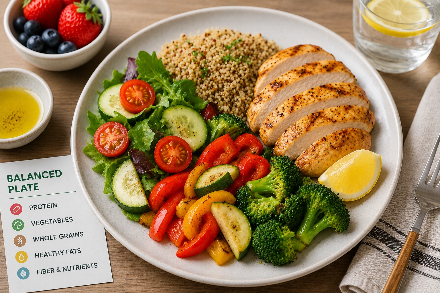 Balanced meal with protein vegetables and fiber-rich carbohydrates
