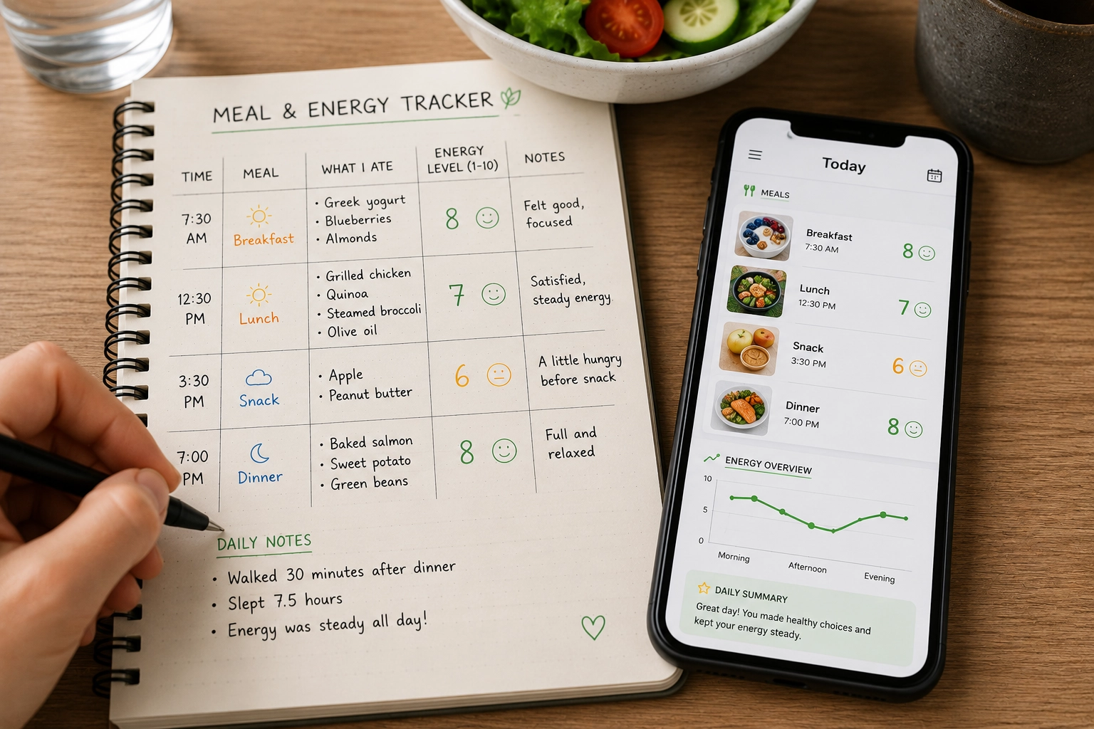Simple meal and energy tracking notes for post-meal fatigue