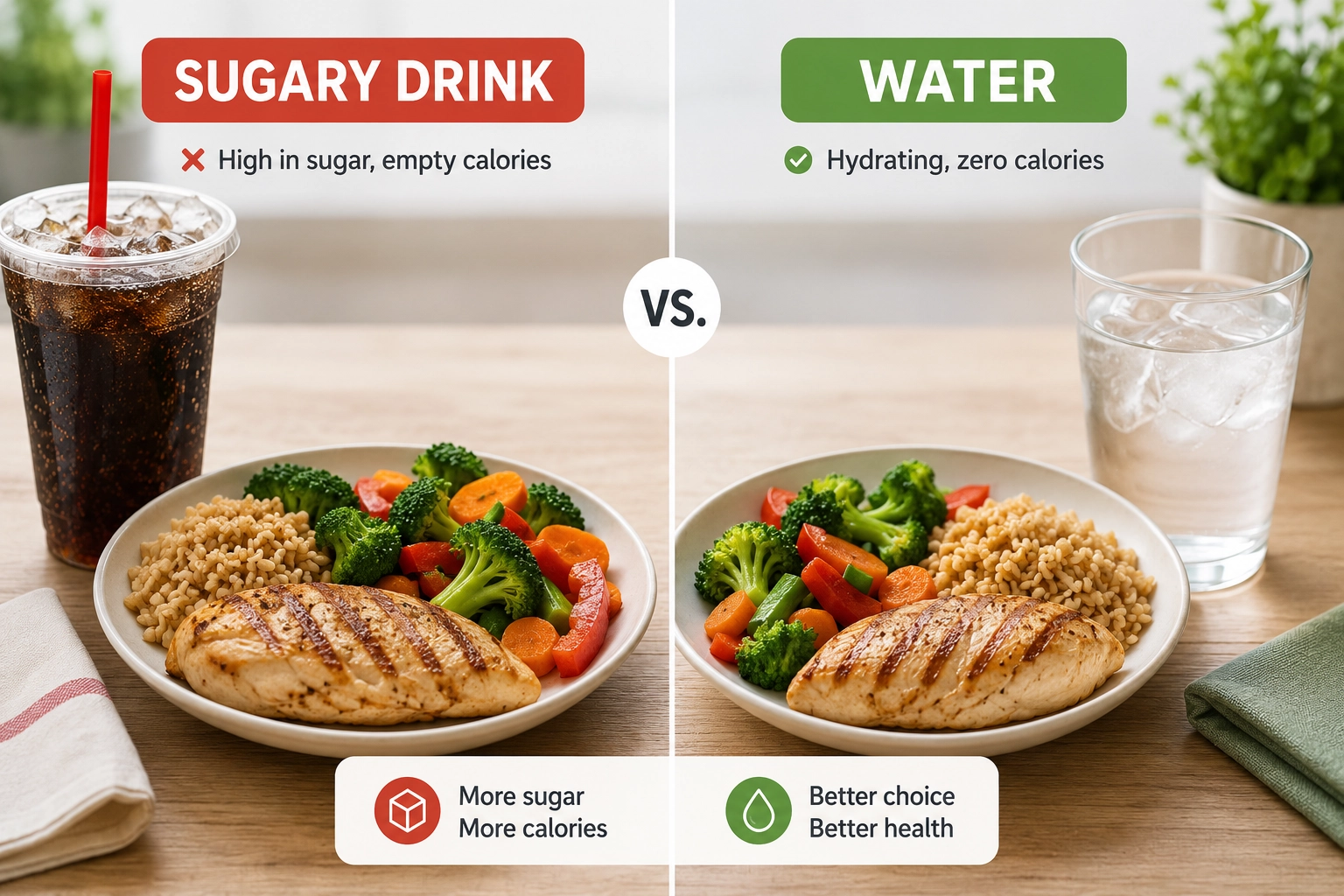 Sugary drink and water shown as lunch beverage choices