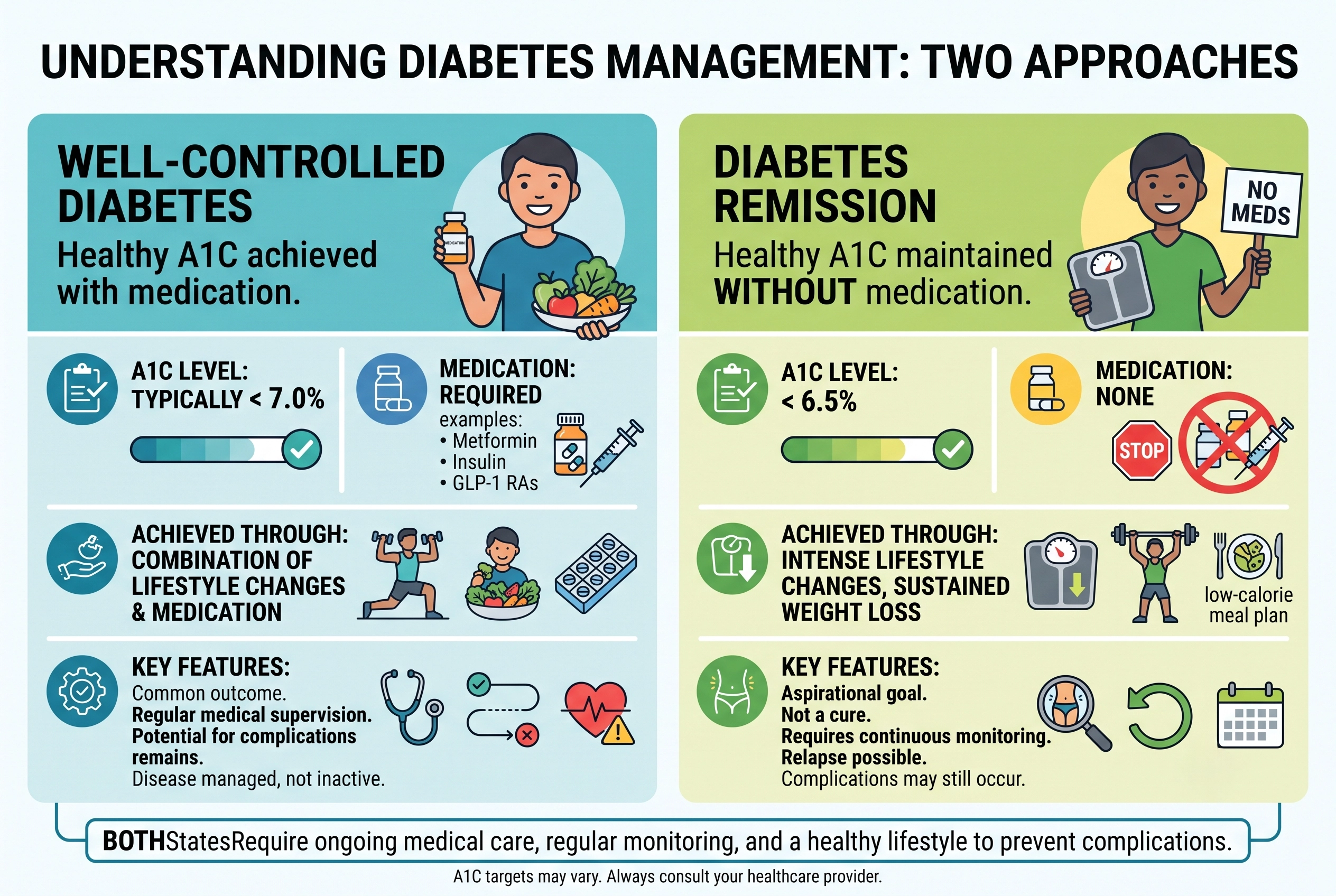 Infographic illustrating the clinical difference between well-controlled type 2 diabetes and the medical criteria for type 2 diabetes remission.