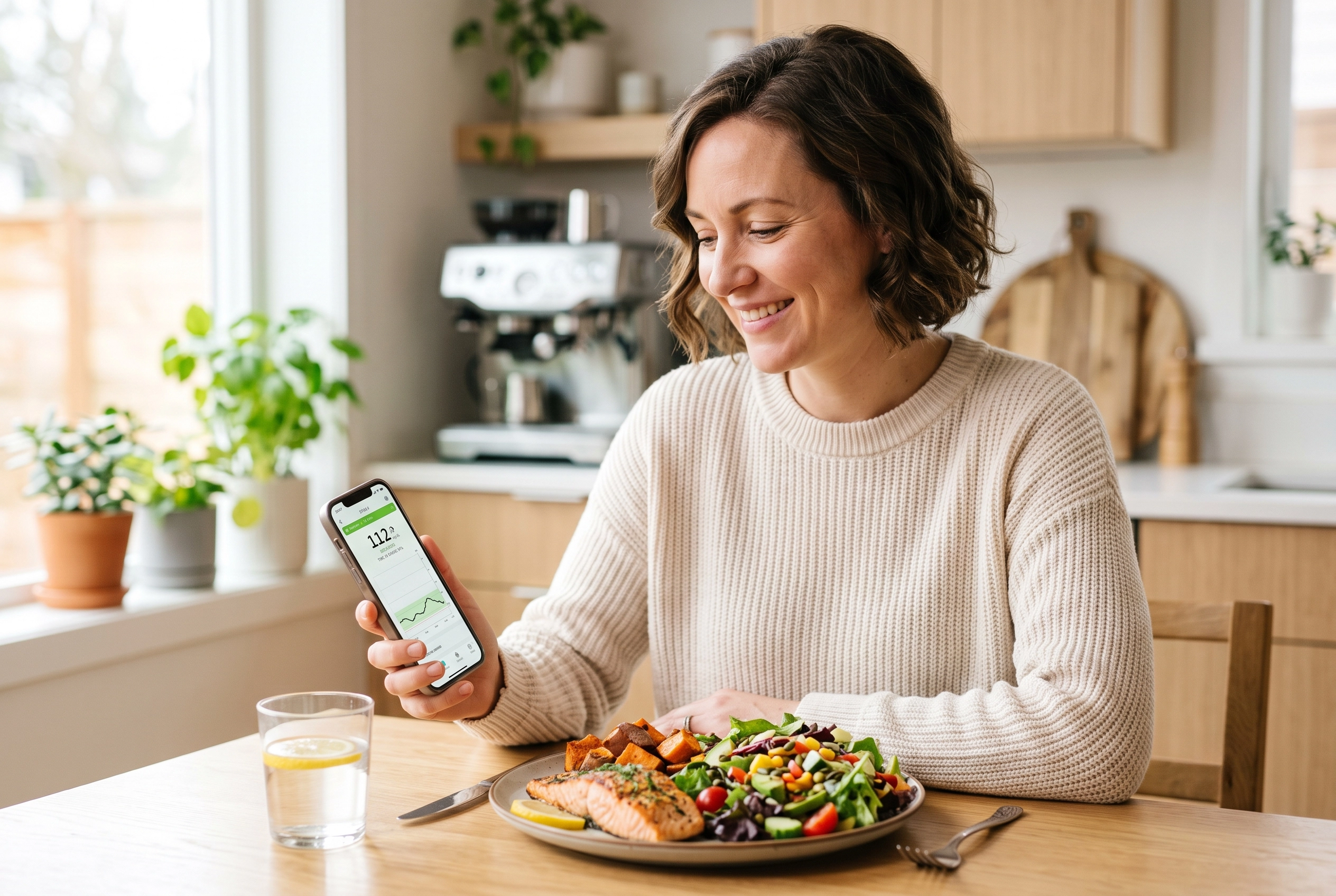 A person calmly checking their daily blood sugar levels on a modern smartphone app while eating a nutritionally dense meal, demonstrating a healthy relationship with monitoring