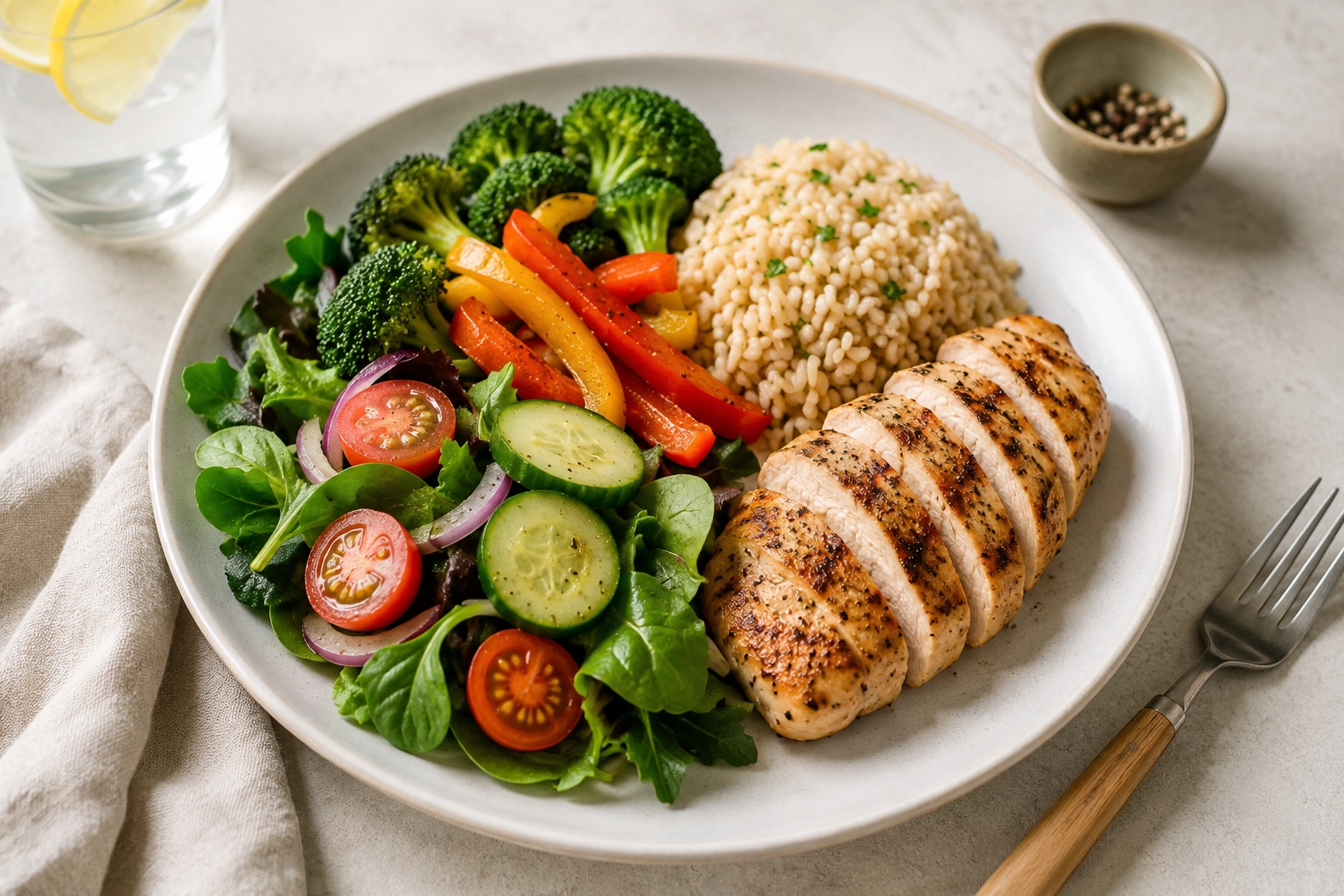 Balanced meal plate with vegetables protein and moderate carbohydrates for blood sugar support