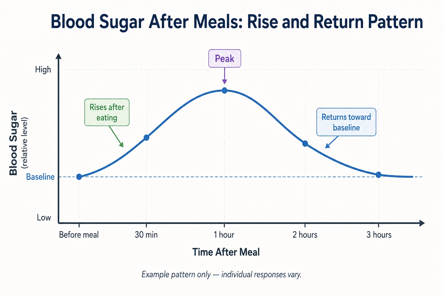 Simple blood sugar after meals graph showing rise and return pattern