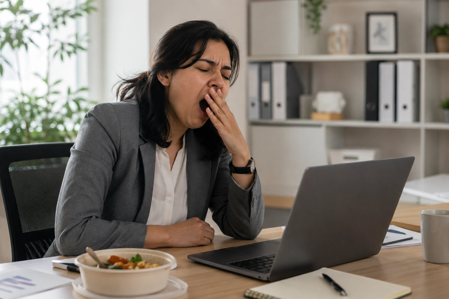 Person feeling sleepy after lunch while working at a desk