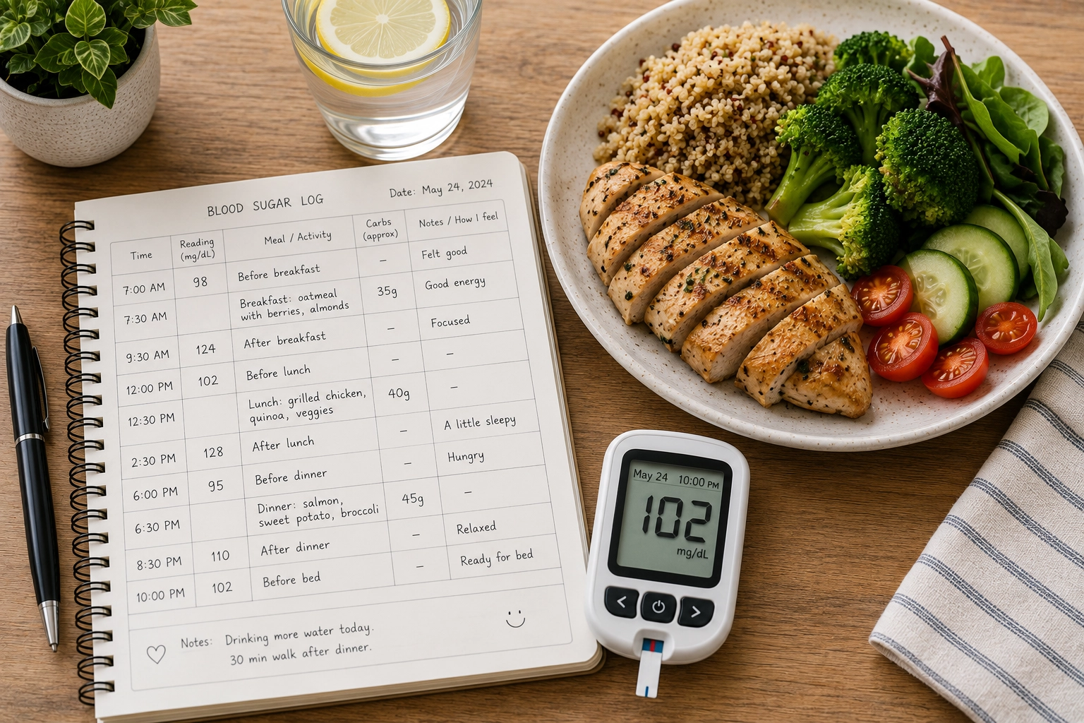 Blood sugar log notebook beside a healthy meal and glucose meter