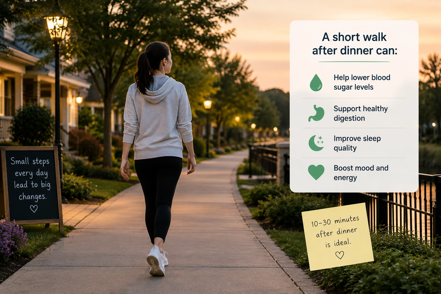 Person walking outdoors after dinner to support healthy daily habits