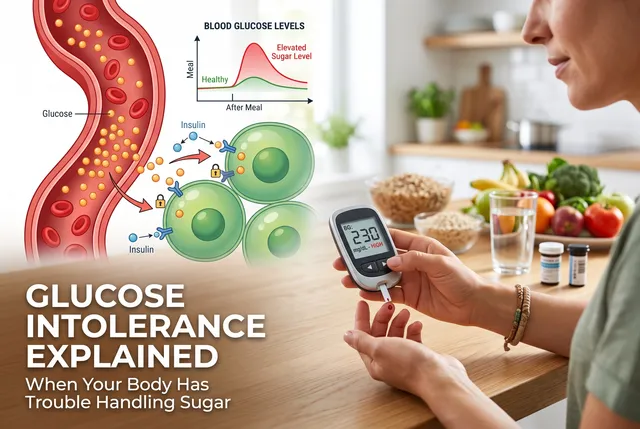 An educational illustration showing a person testing high blood glucose at home, accompanied by diagrams explaining insulin resistance.