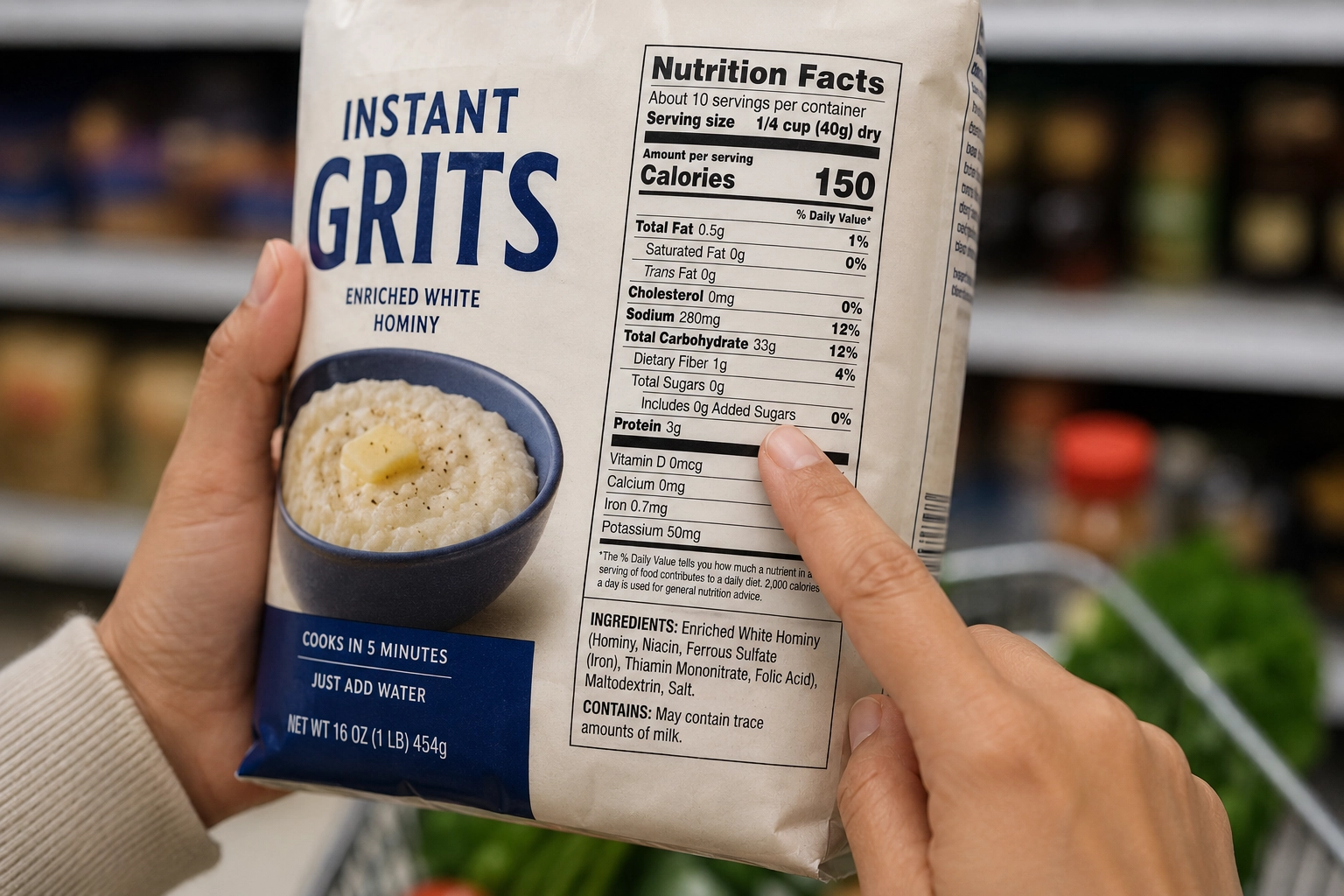 Person checking the nutrition label on an instant grits package