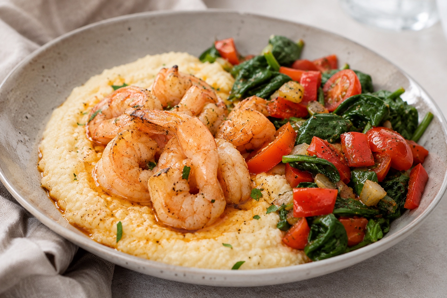 Shrimp and grits served with a side of vegetables