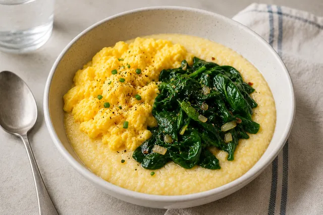 Small bowl of plain grits served with eggs and sautéed spinach