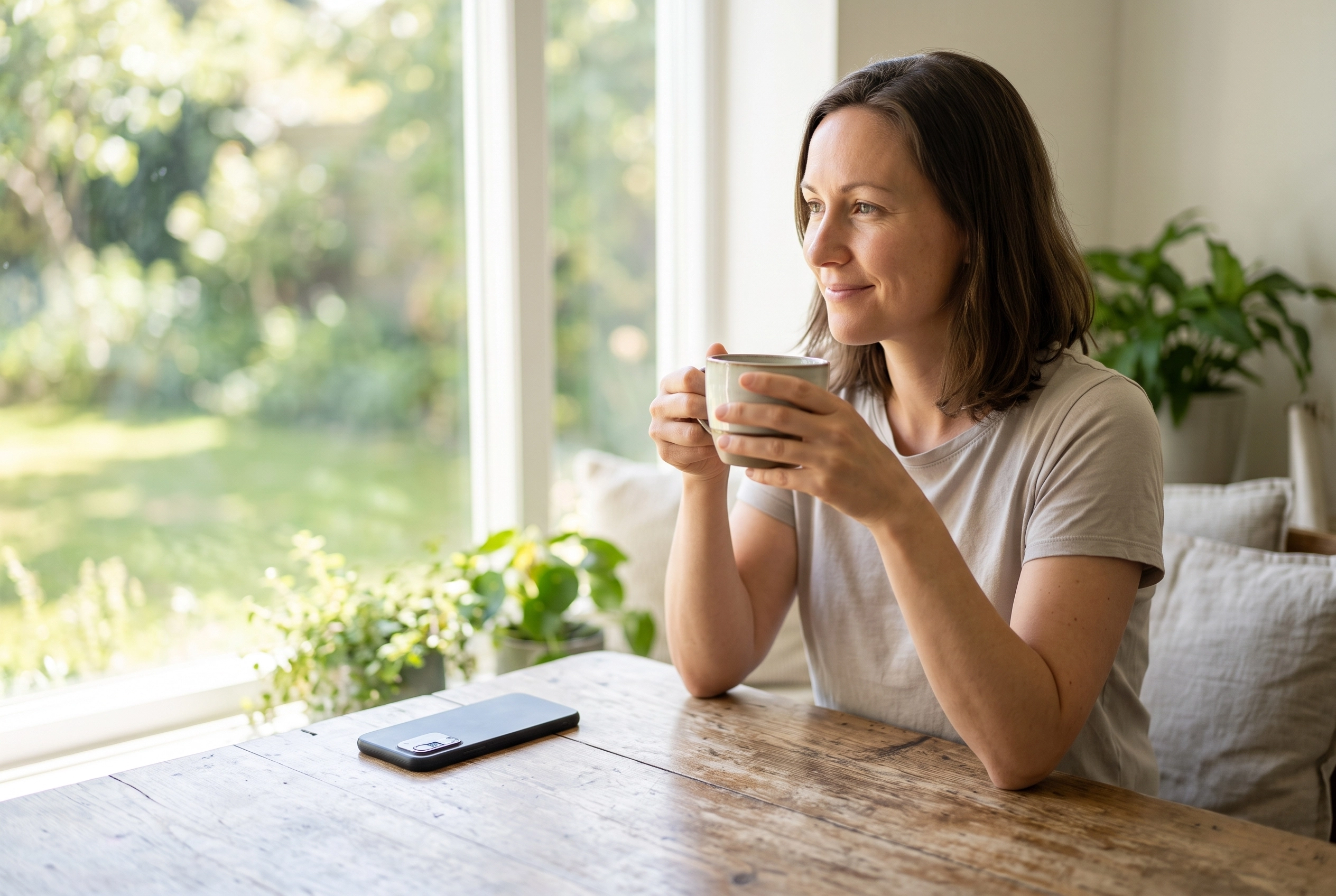 A relaxed person sitting by a window with their smartphone placed face down on the table, taking a mental health break from diabetes tracking apps