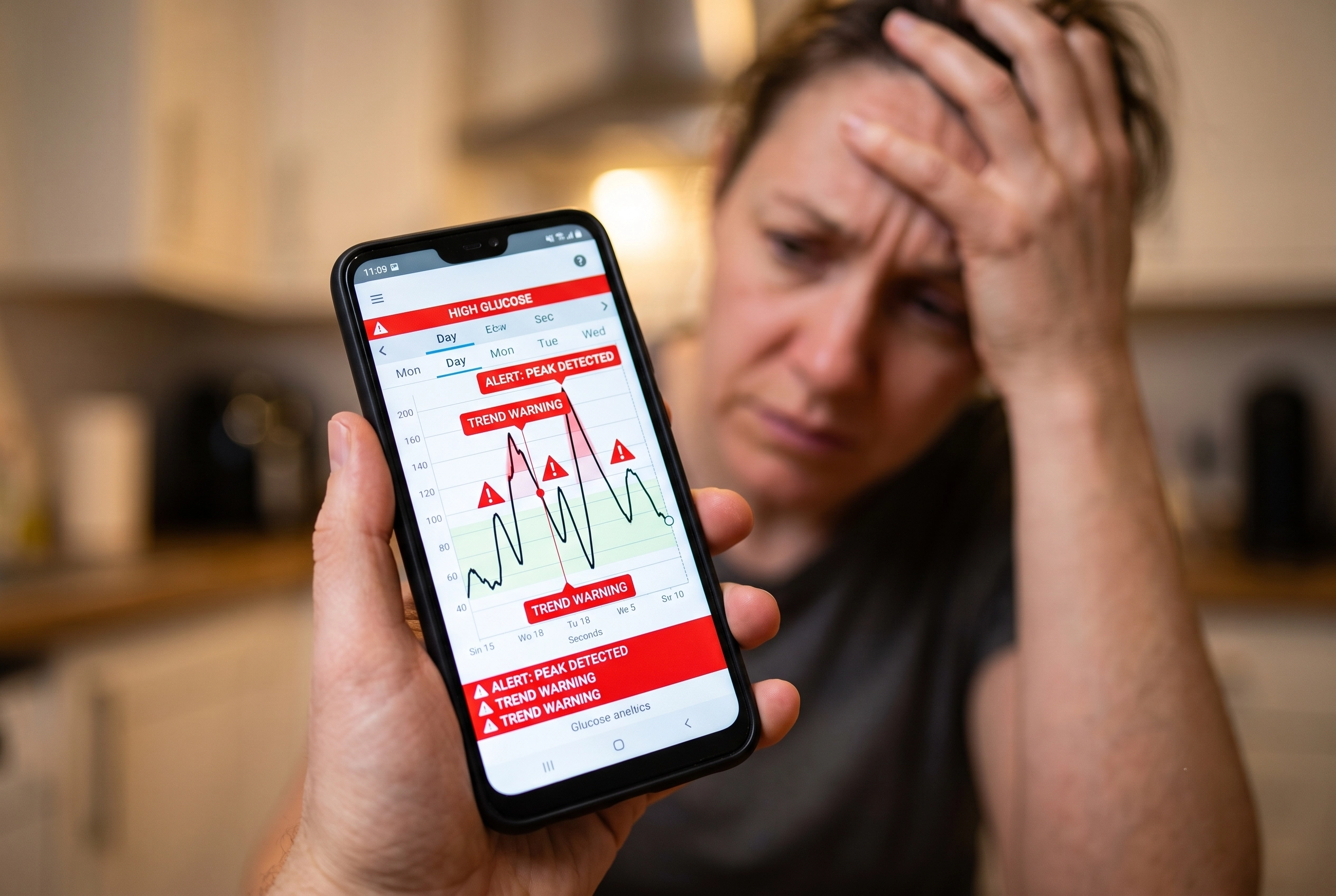 A person rubbing their temples in frustration while looking at complicated blood sugar graphs and red alerts on a diabetes management app