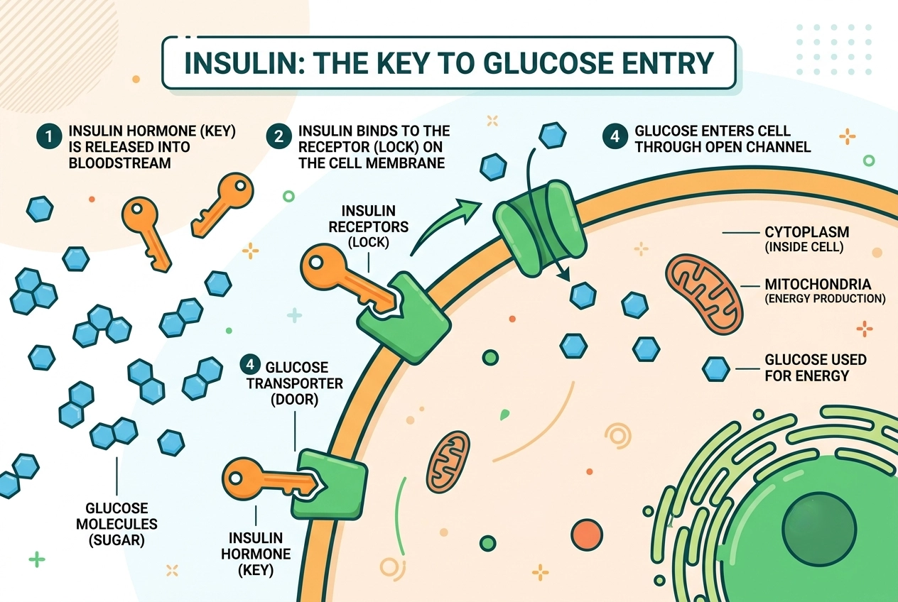 Medical illustration showing insulin acting as a key to unlock cell receptors, allowing glucose to enter from the bloodstream to produce energy