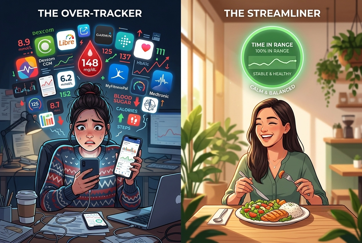 An illustration contrasting a stressed person overwhelmed by diabetes tracking apps with a relaxed person focusing simply on their continuous glucose monitor's Time in Range