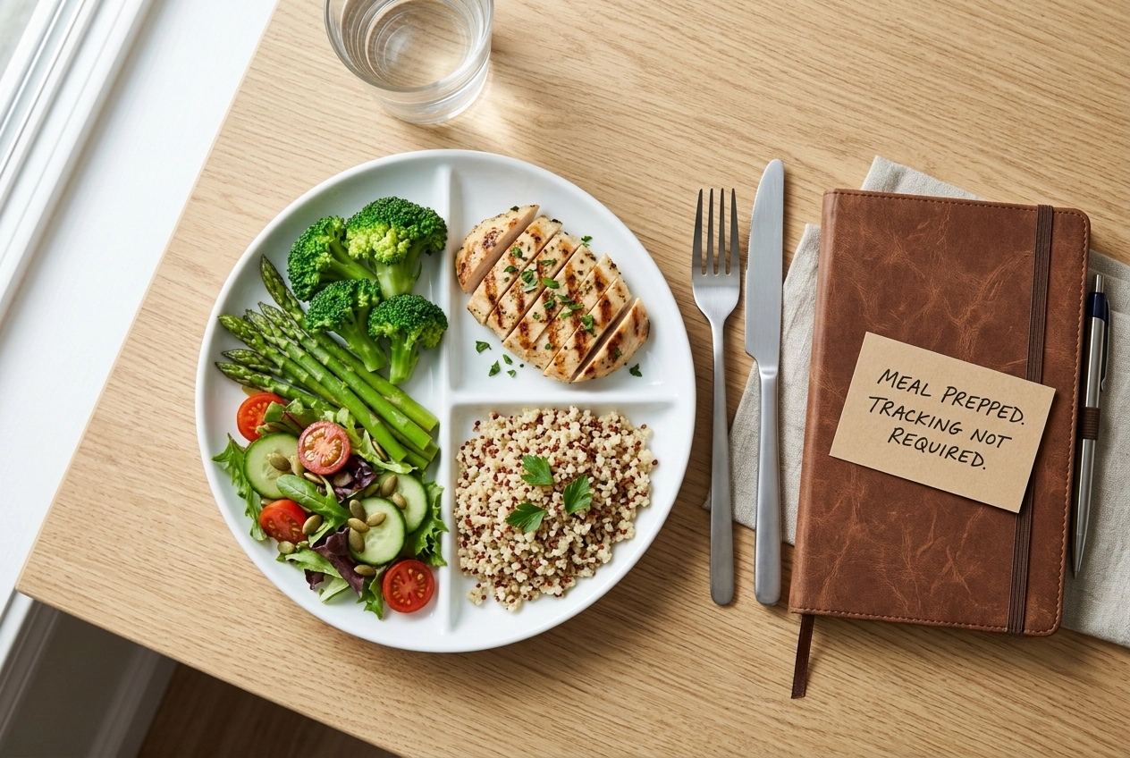 A perfectly balanced plate of healthy food containing vegetables, lean protein, and complex carbs, placed next to a closed food tracking journal