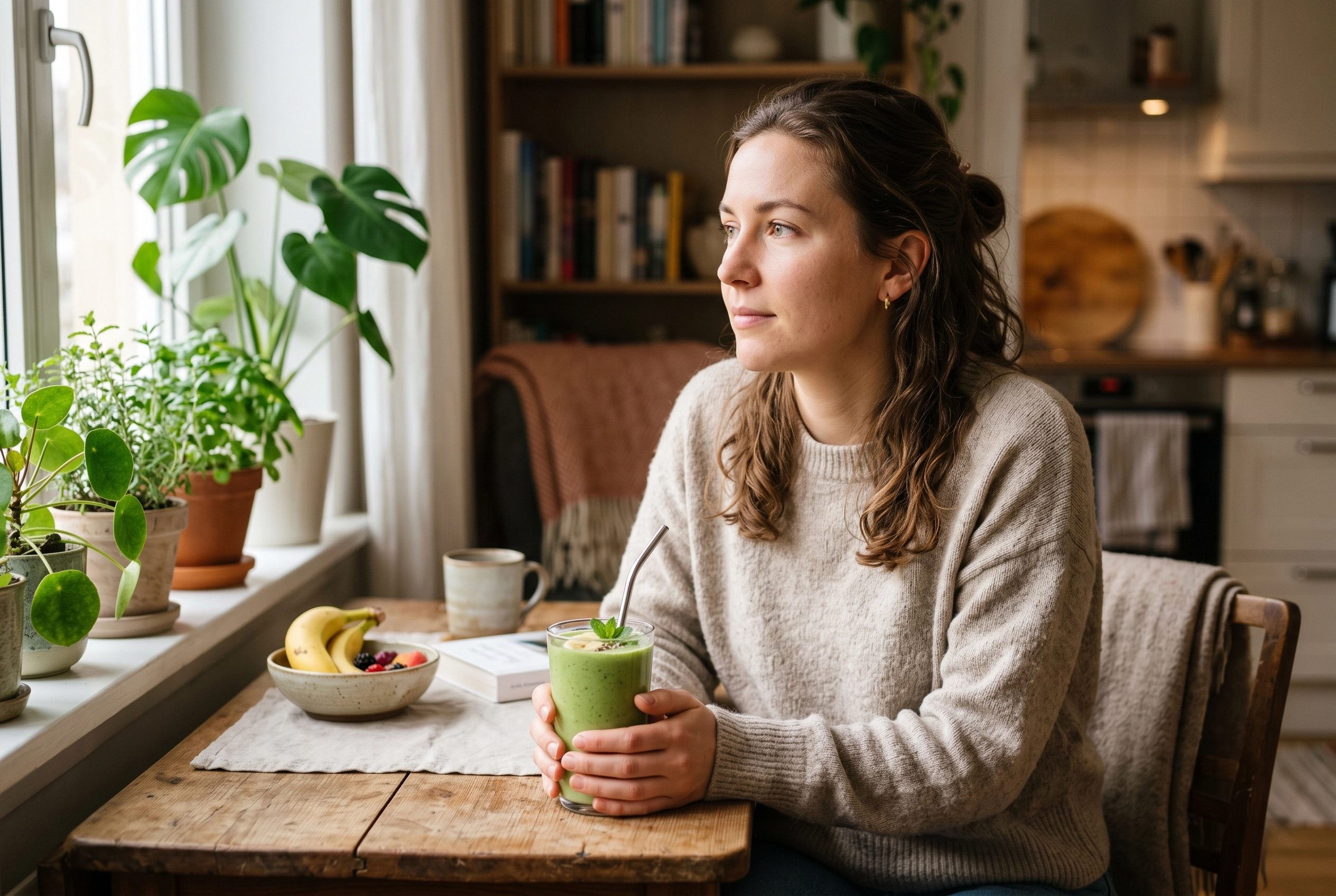 A person thoughtfully sipping a healthy smoothie at home, representing liquid nutrition for diabetes management.