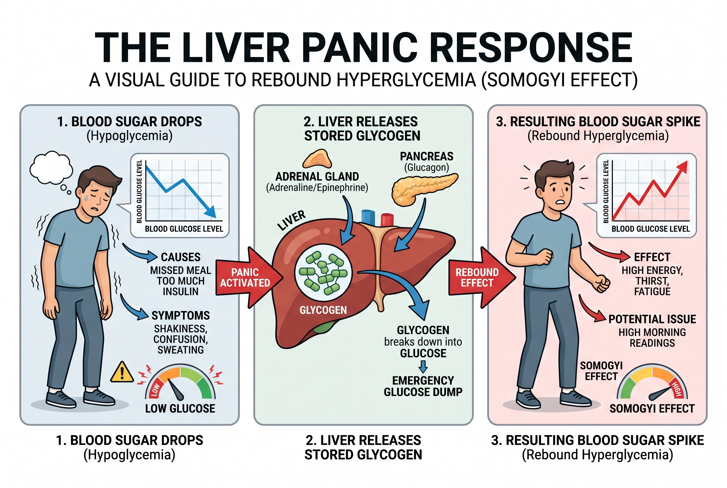 Infographic showing how skipping meals can cause the liver to release emergency glucose, leading to high blood sugar