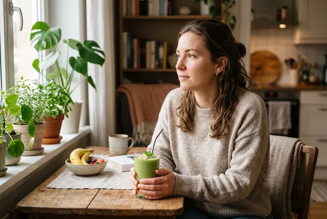 A person thoughtfully sipping a healthy smoothie at home, representing liquid nutrition for diabetes management.