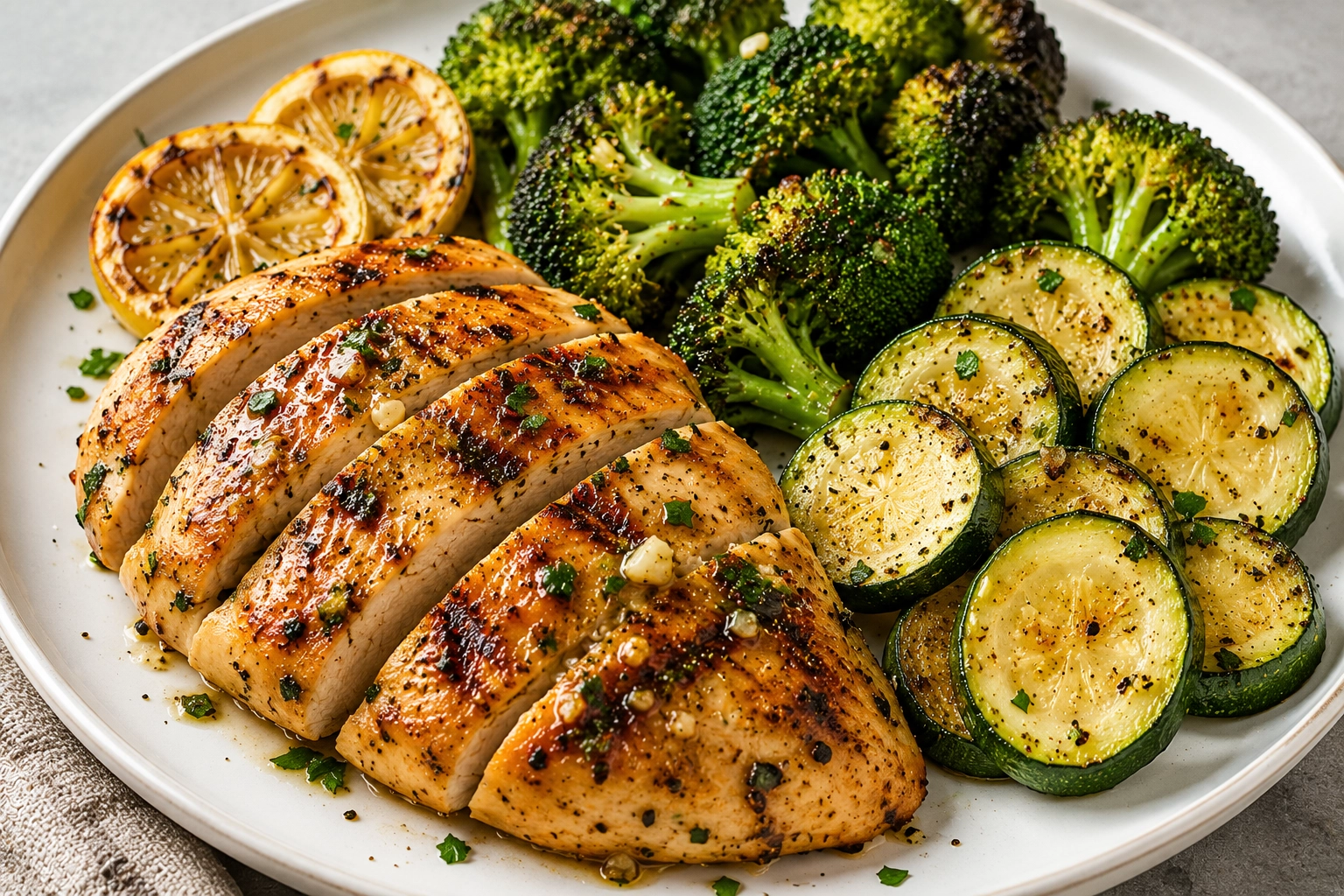 Grilled lemon garlic chicken with roasted broccoli and zucchini