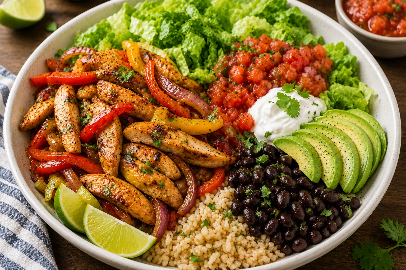 Sheet pan chicken fajita bowl with lettuce, salsa, and avocado