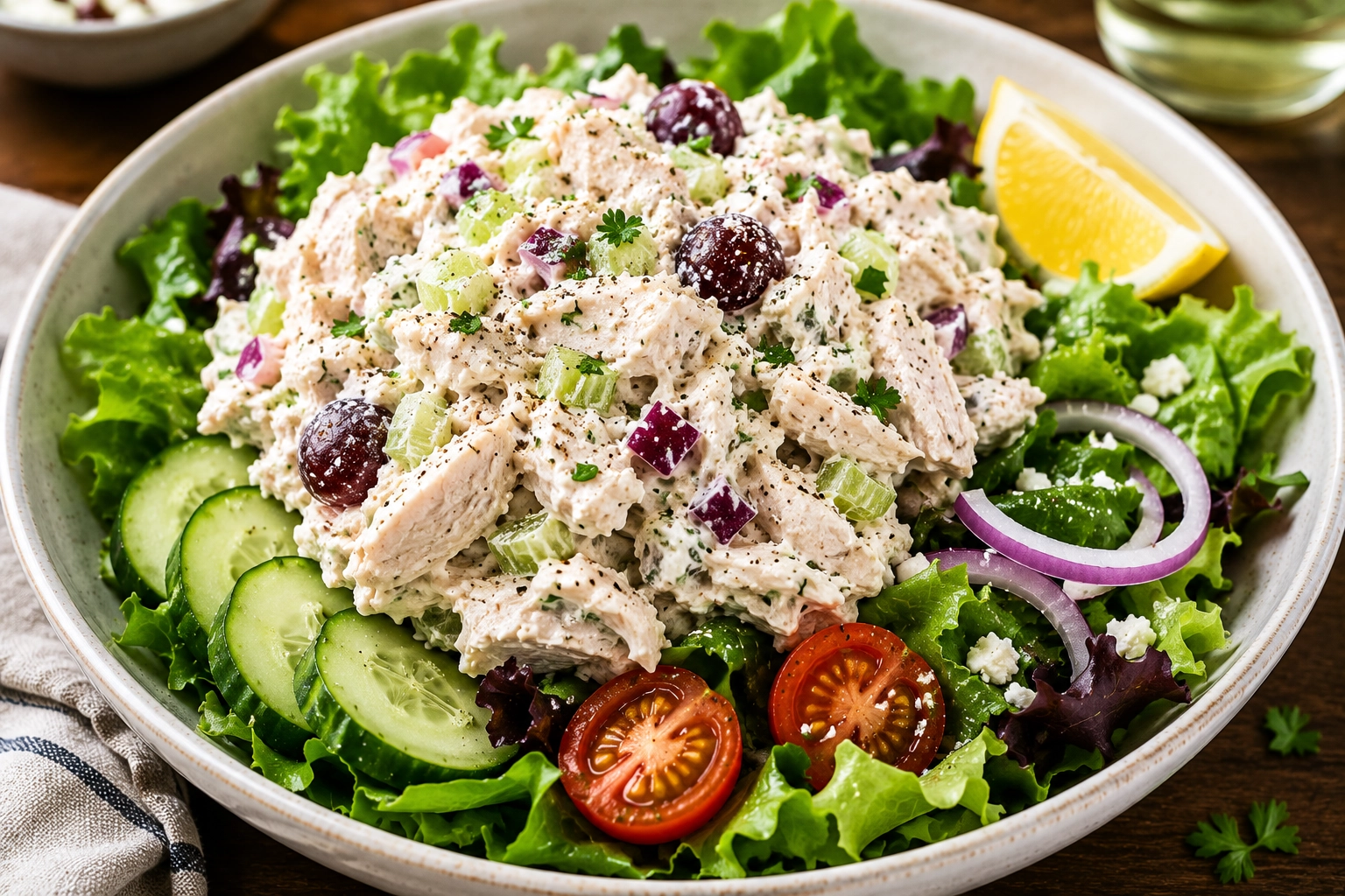 Greek yogurt chicken salad served over greens