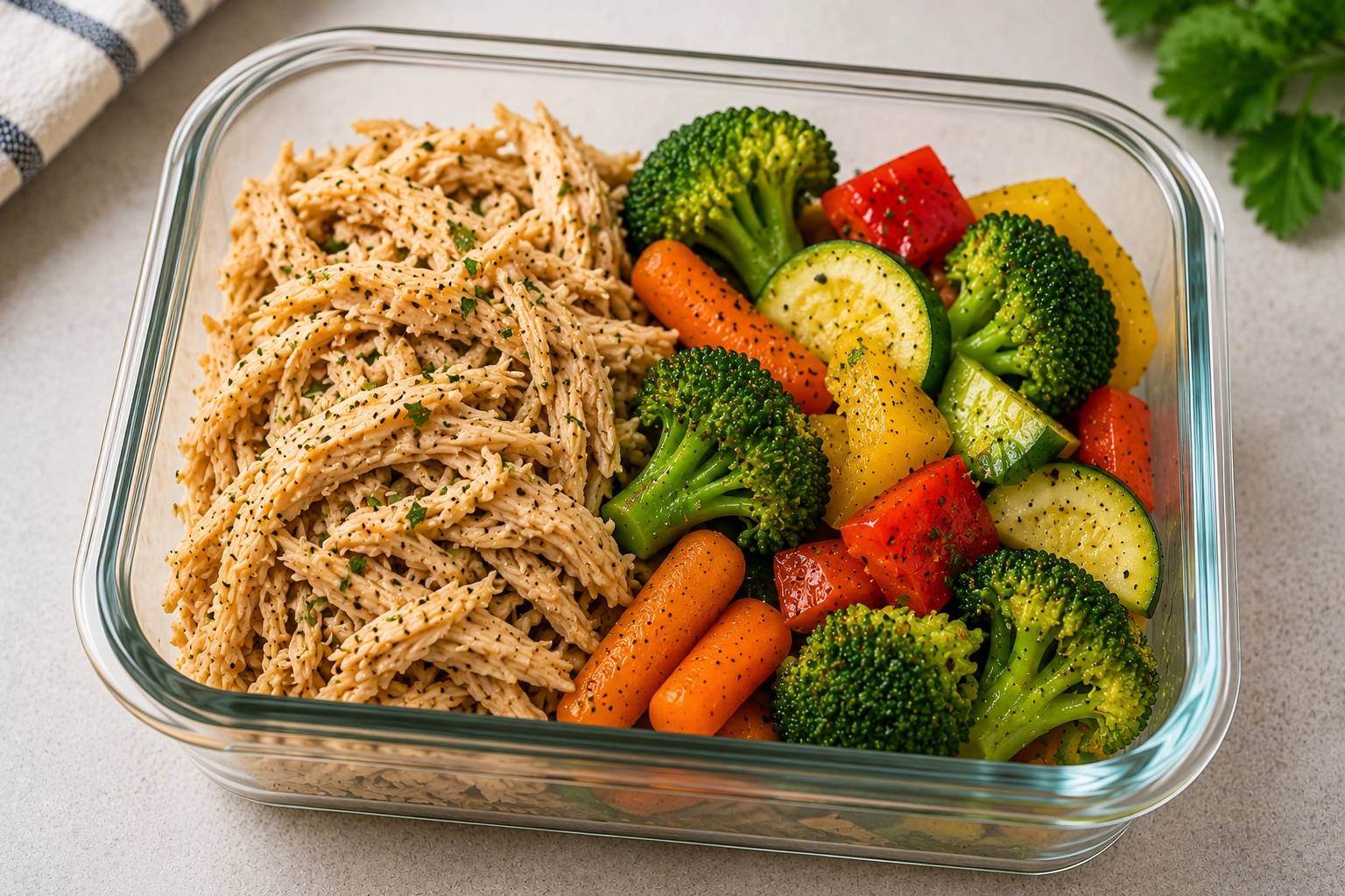 Slow cooker shredded chicken meal prep containers with vegetables