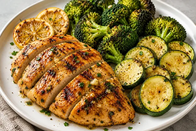 Grilled lemon garlic chicken with roasted broccoli and zucchini