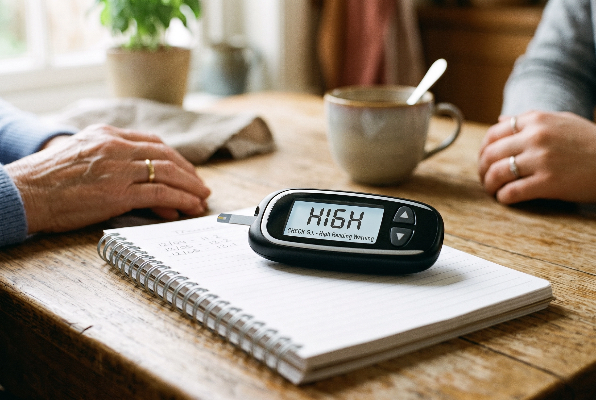 Close-up of a digital blood glucose monitor displaying a high blood sugar warning.
