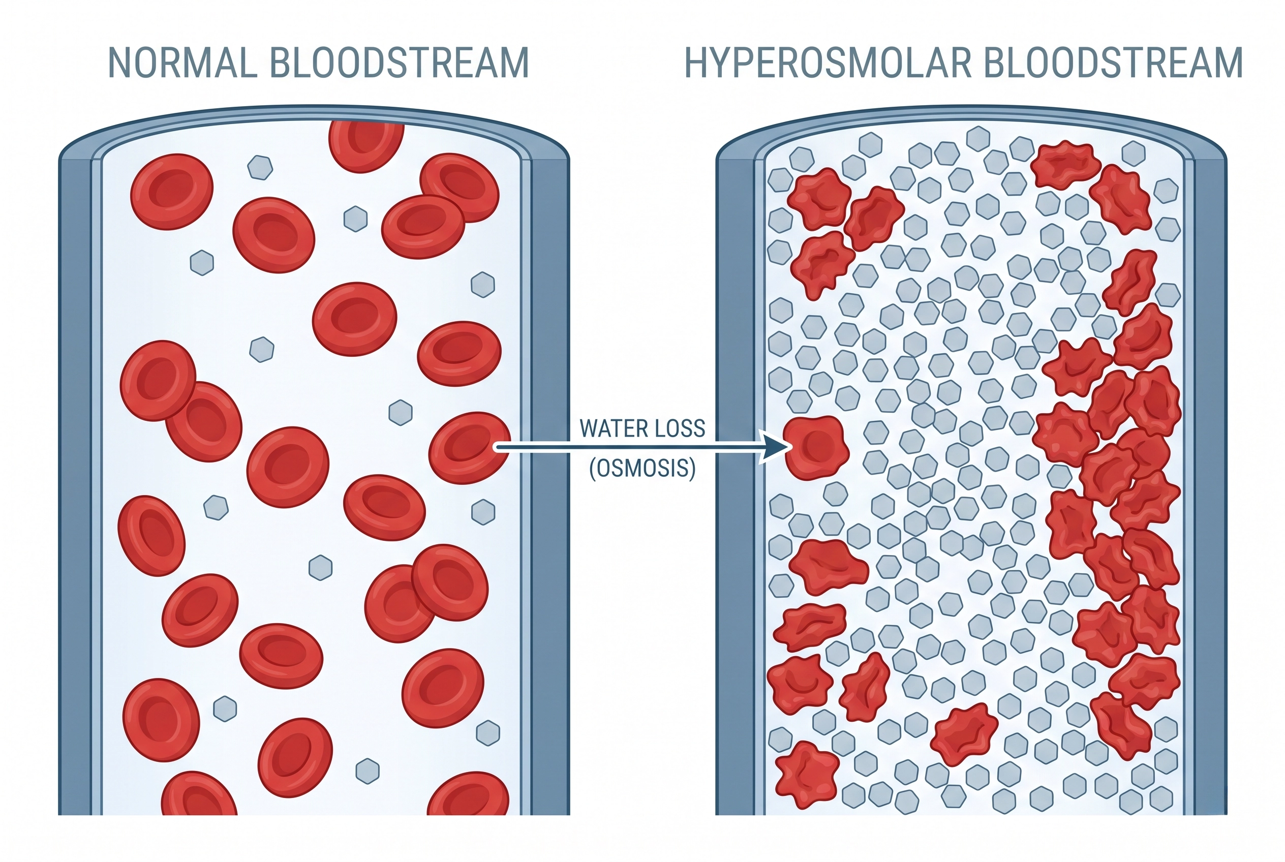 Medical illustration comparing normal blood sugar levels to high blood sugar levels.