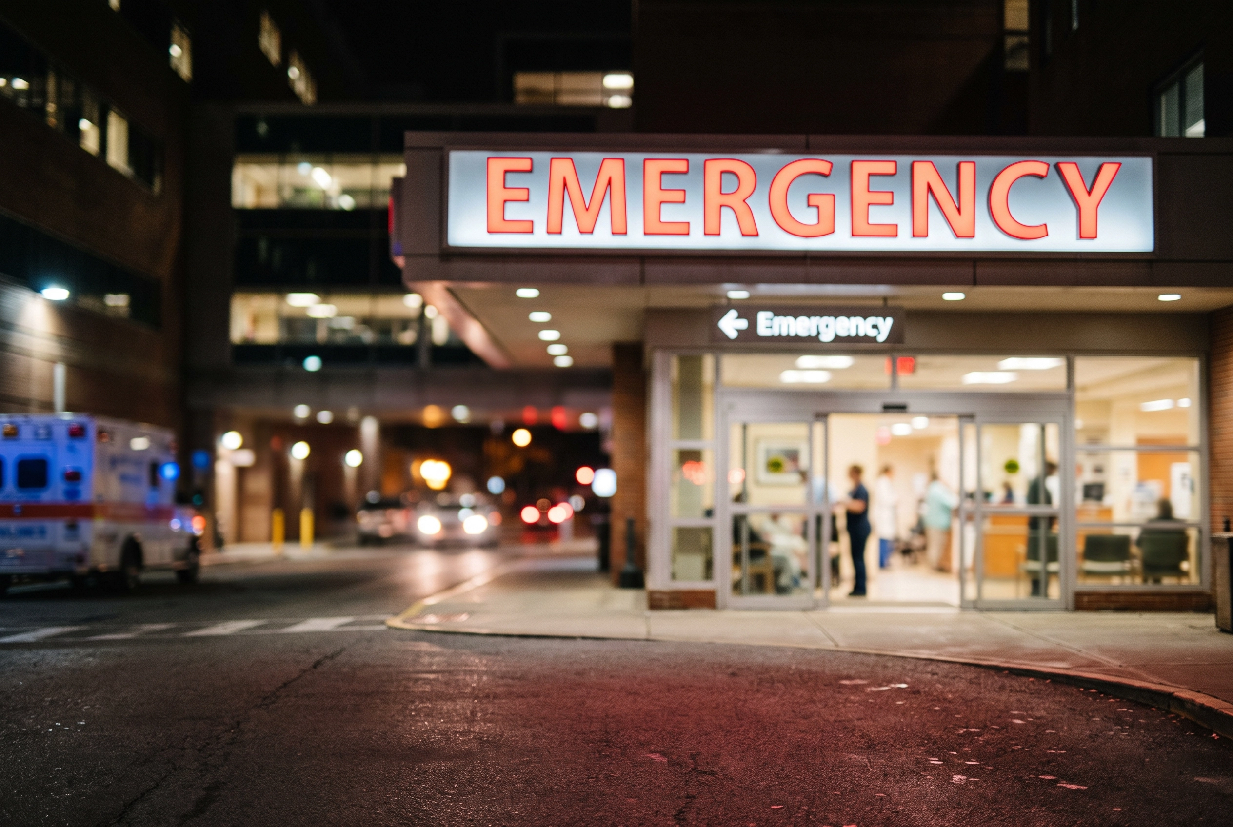 Illuminated red emergency room sign at a hospital entrance at night.