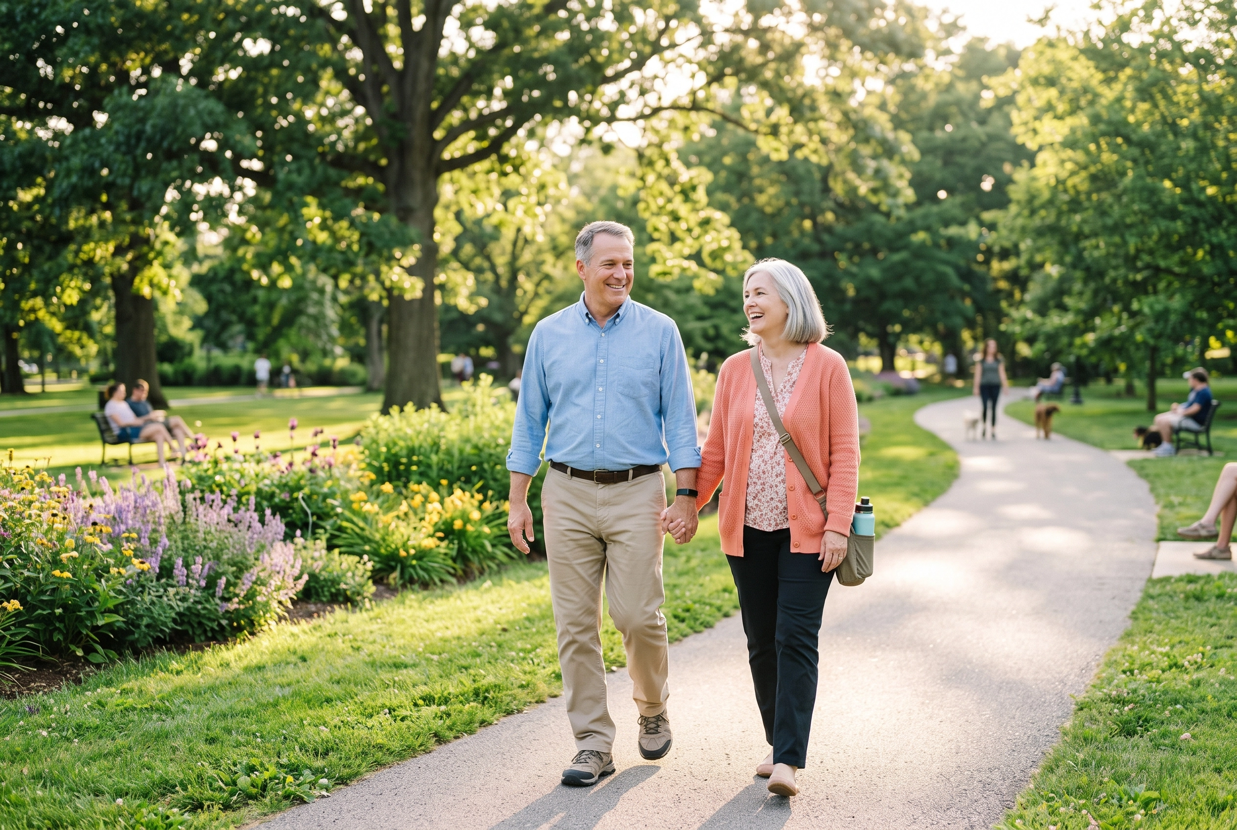 A healthy older couple walking together outdoors in the sunshine.