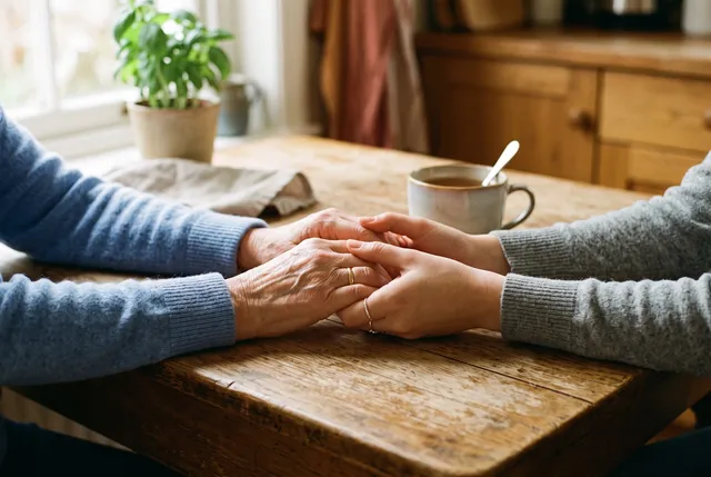 Two people holding hands across a table in a supportive, comforting gesture