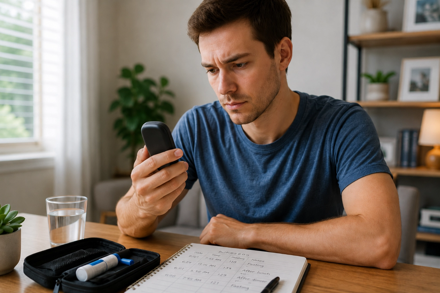 Thin adult reviewing a blood sugar test result and thinking about diabetes risk