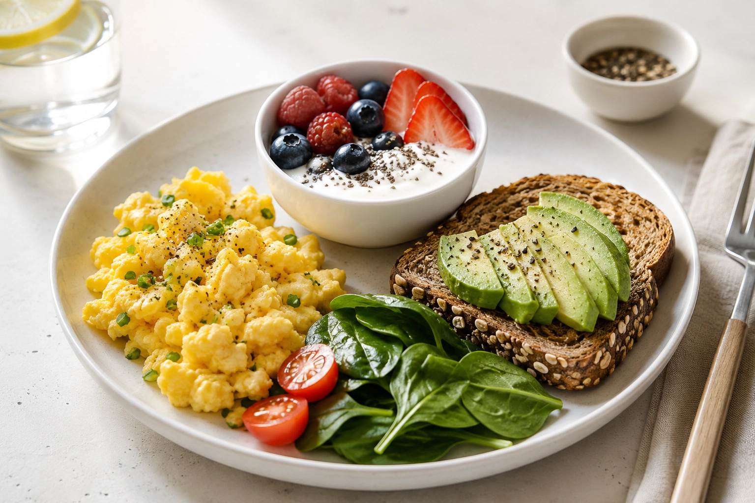 Balanced breakfast plate with eggs vegetables whole grain toast and fruit