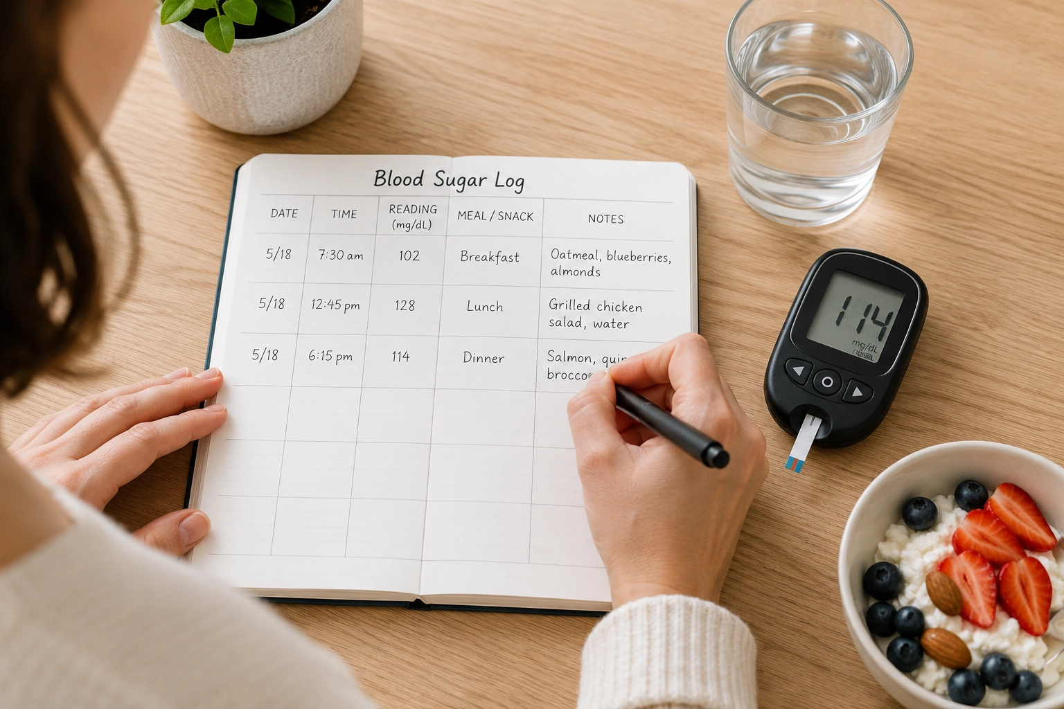 Person tracking blood sugar readings in a notebook