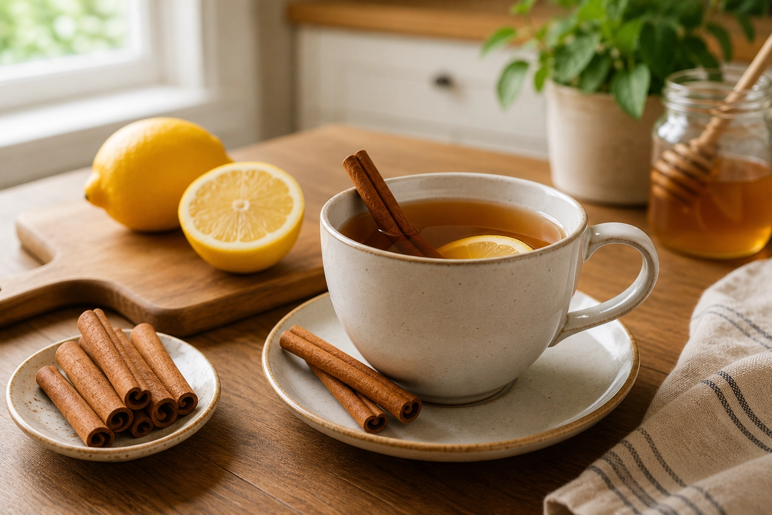 Warm cinnamon tea with cinnamon sticks and lemon slice