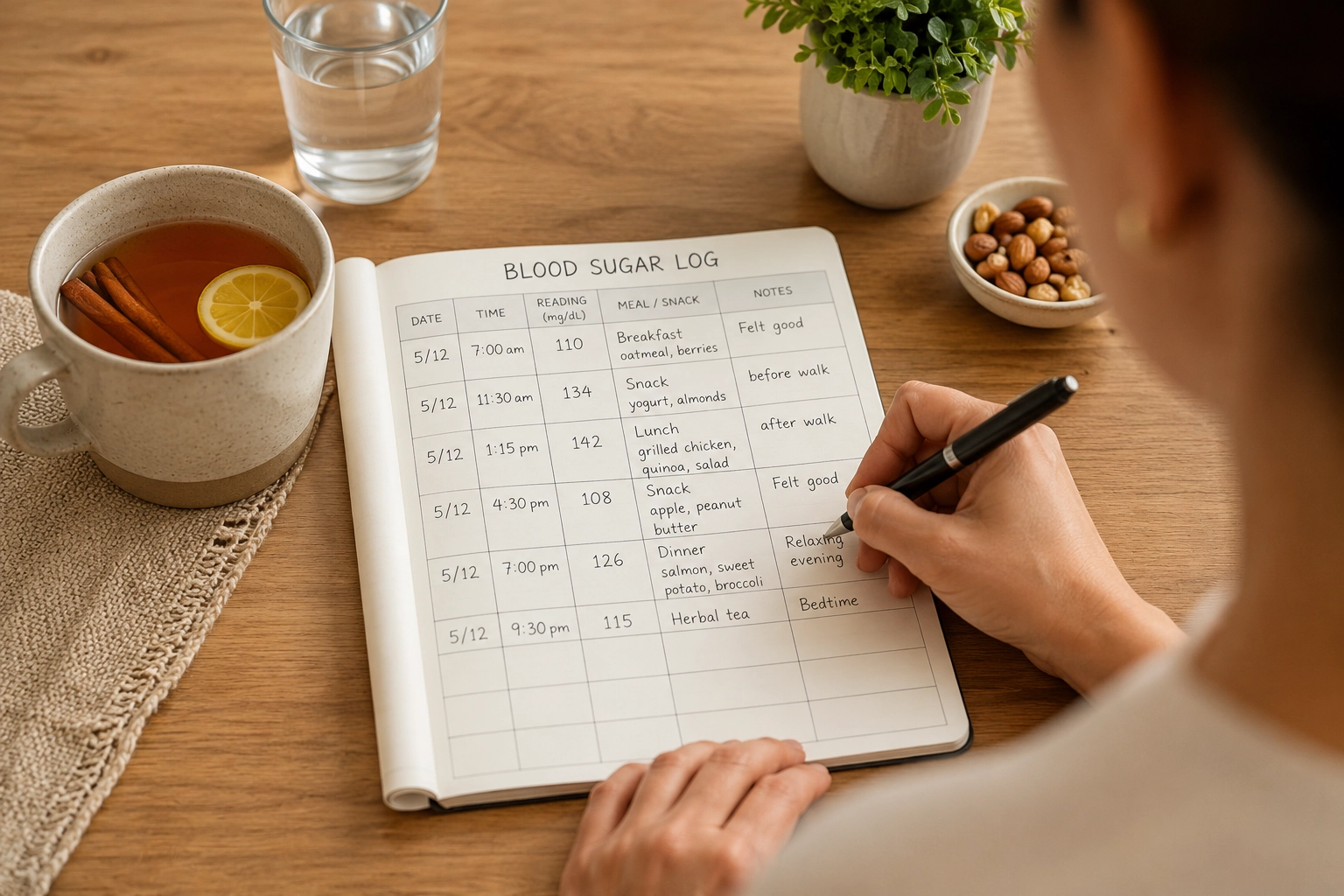 Blood sugar log beside a cup of cinnamon tea