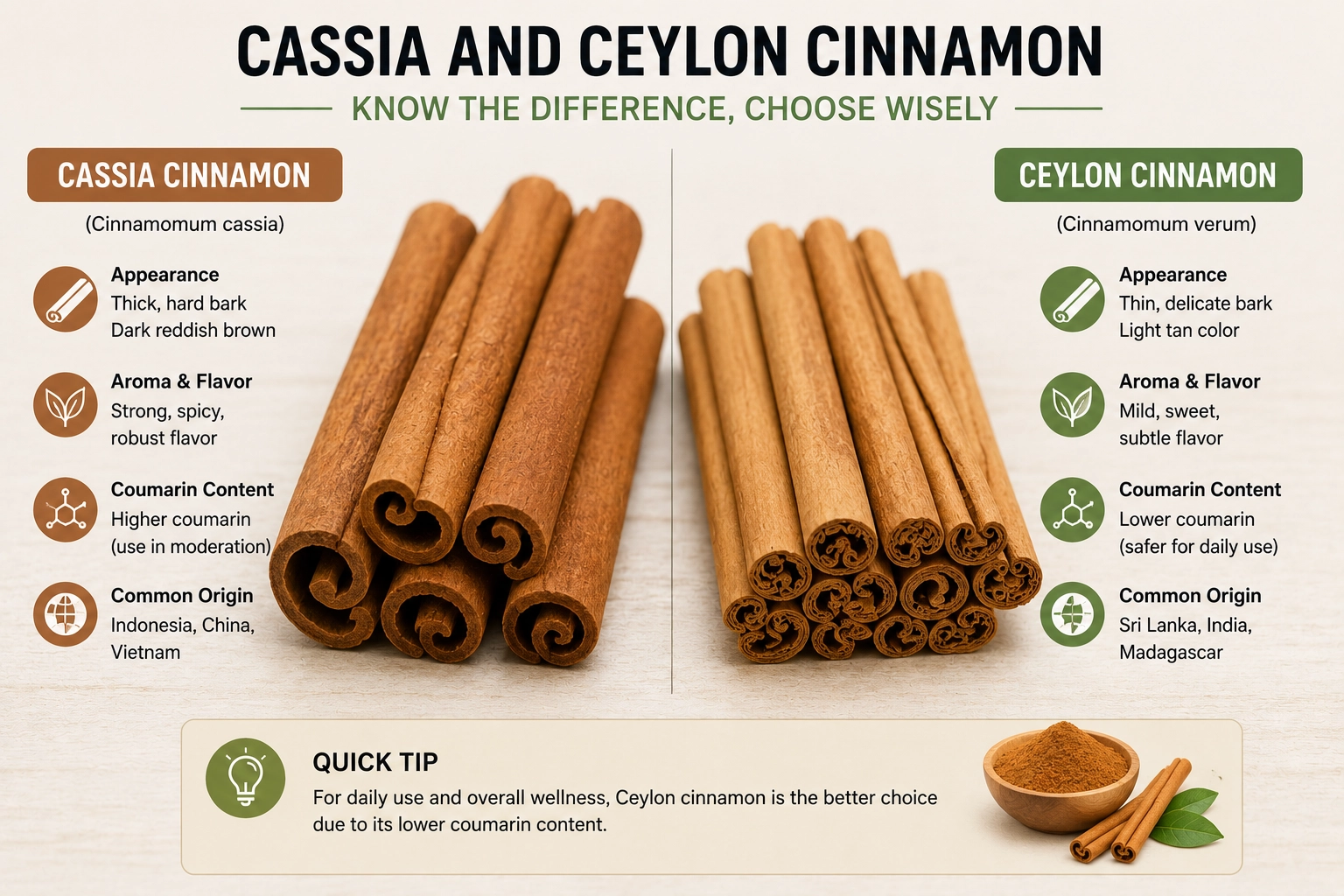 Cassia and Ceylon cinnamon sticks for comparison