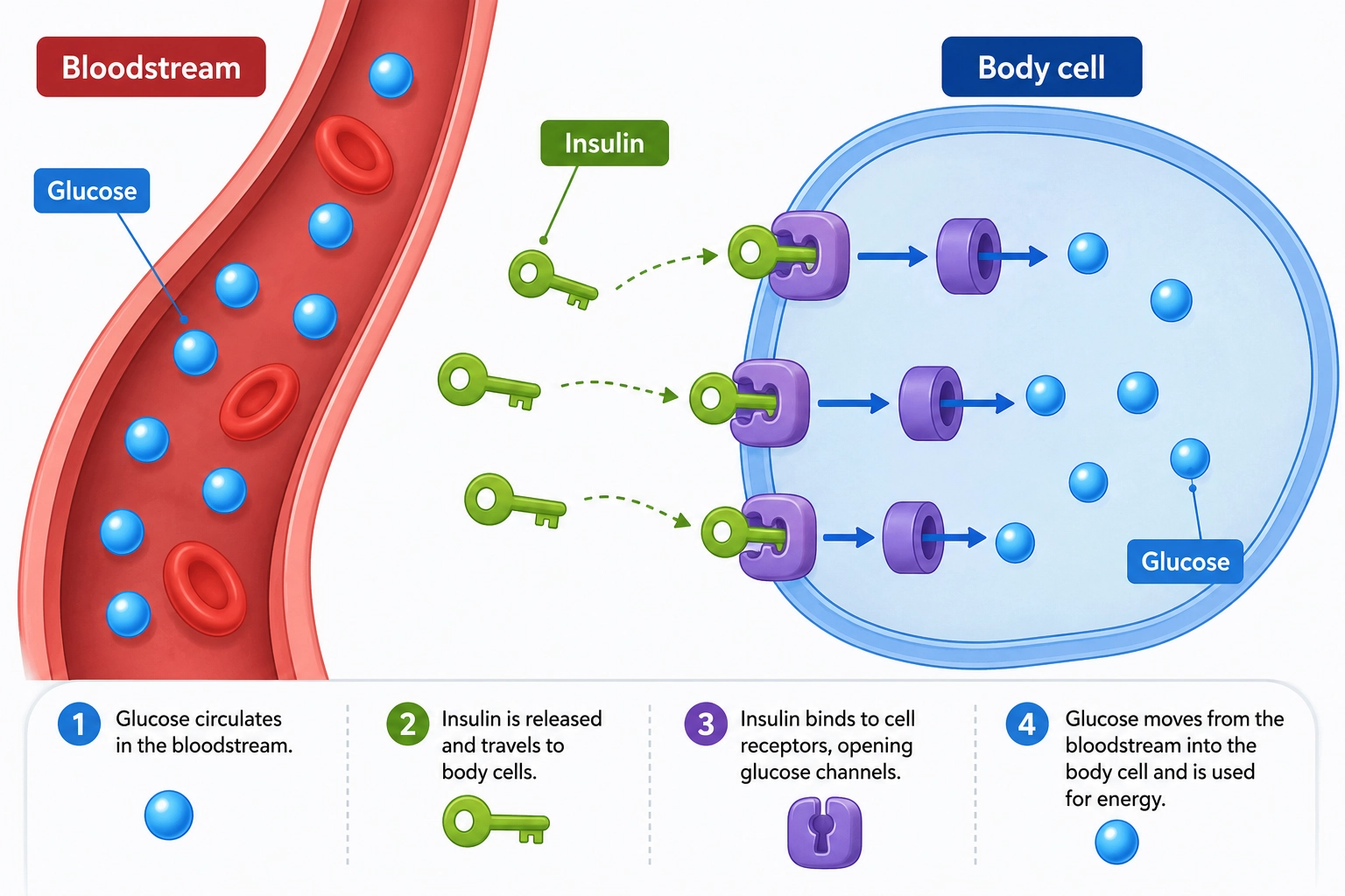 Illustration showing insulin helping glucose move from the bloodstream into body cells
