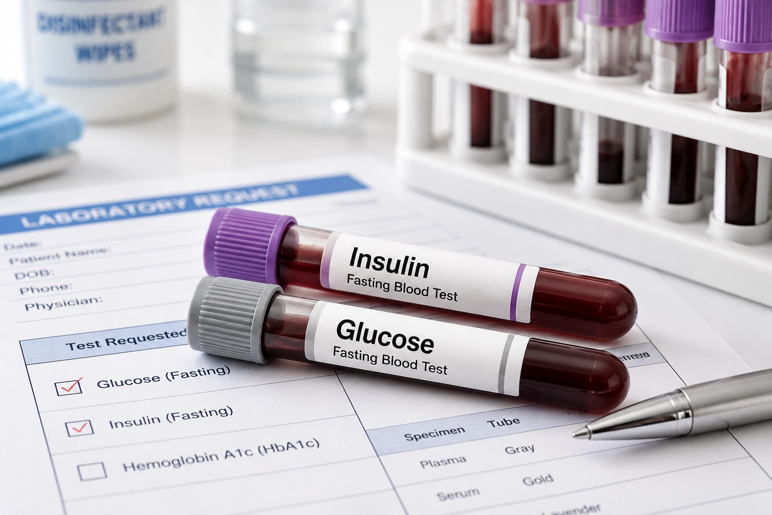 Blood test tube labeled insulin and glucose for a fasting insulin blood test concept