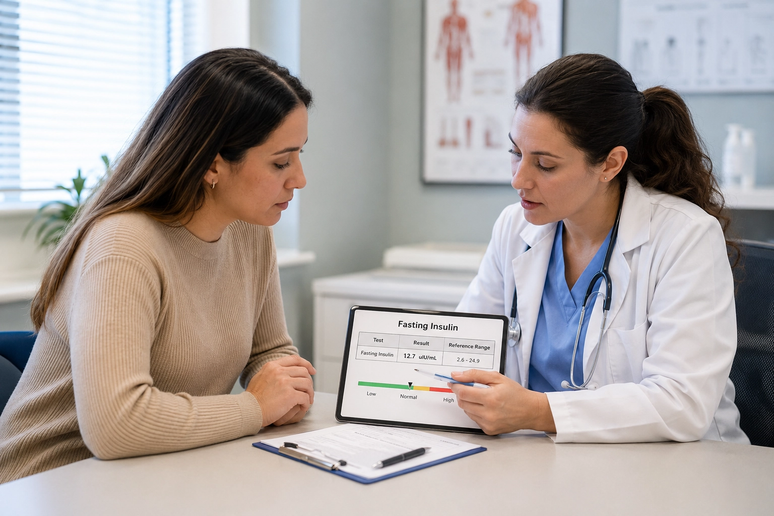 Patient discussing fasting insulin test results with a healthcare professional