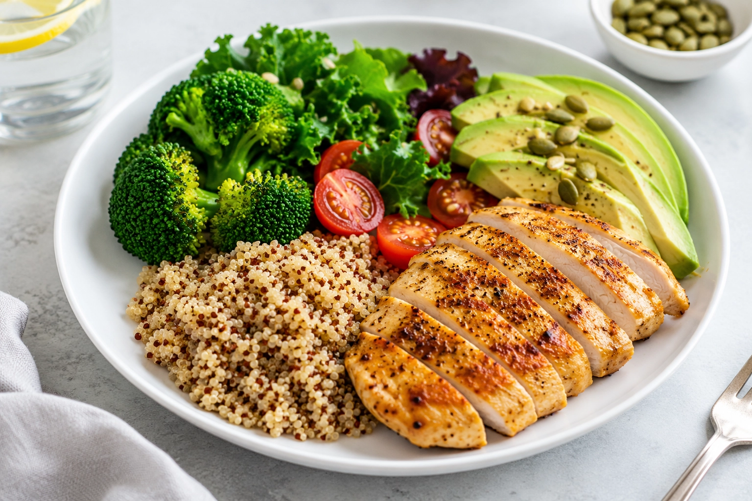 Balanced meal plate with protein, vegetables, fiber-rich carbohydrates, and healthy fats