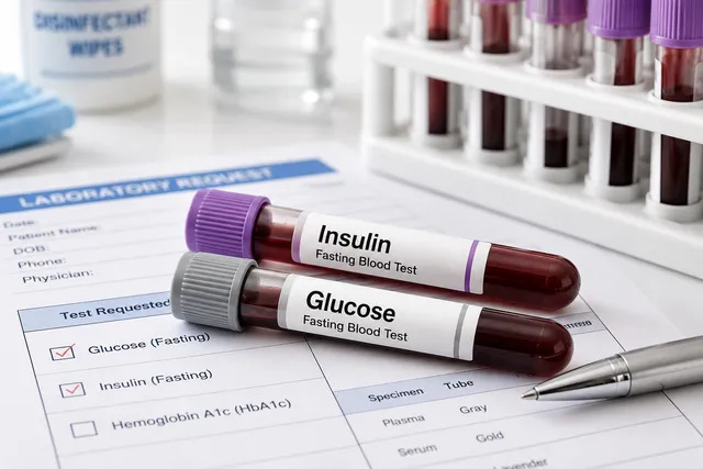 Blood test tube labeled insulin and glucose for a fasting insulin blood test concept