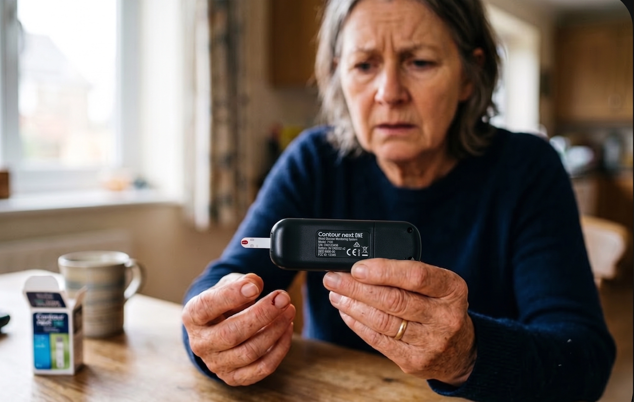 Person looking at a high reading on a blood glucose meter with a frustrated expression.
