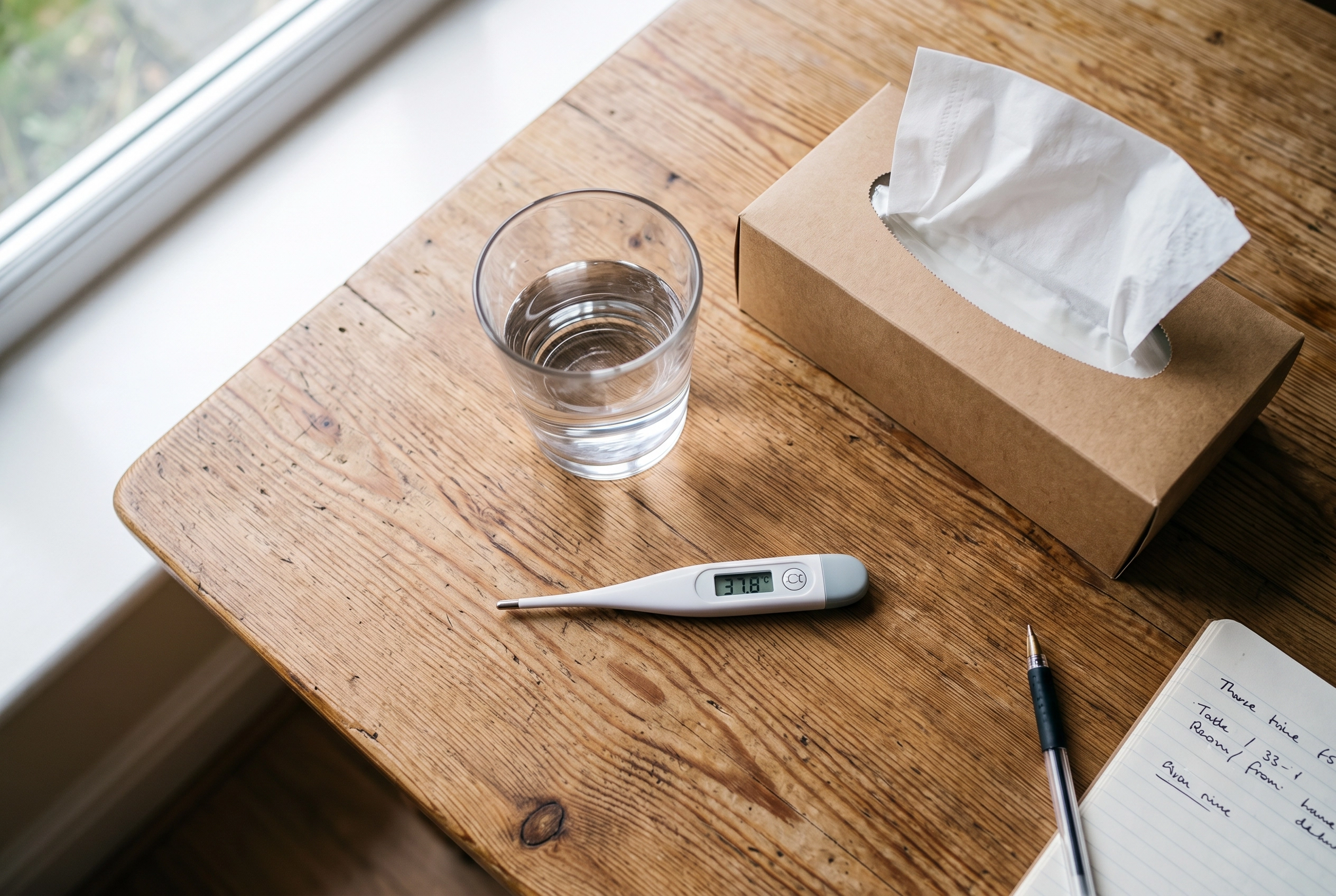 A digital thermometer, tissues, and a glass of water indicating a mild infection.